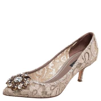 Pre Owned Dolce & Gabbana Beige Lace Bellucci Crystal Embellished Pumps Size 37.5