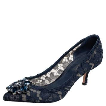 Pre Owned Dolce & Gabbana Blue Lace Bellucci Crystal Embellished Pointed Toe Pumps Size 37.5