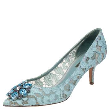 Pre Owned Dolce & Gabbana Blue Lace Bellucci Pointed Toe Pumps Size 38