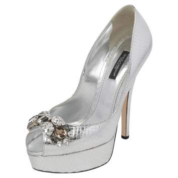 Pre Owned Dolce & Gabbana Metallic Silver Python Embossed Leather Bette Crystal Embellished Platform Pumps Size 37