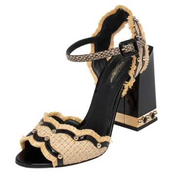 Pre Owned Dolce & Gabbana Black/Cream Raffia, Patent Leather and Snakeskin Studded Ankle Strap Sandals Size 37
