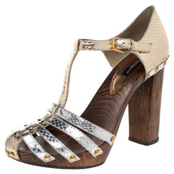 Pre Owned Dolce & Gabbana Metallic Gold/Silver Python T Strap Block Heel Pumps Size 38