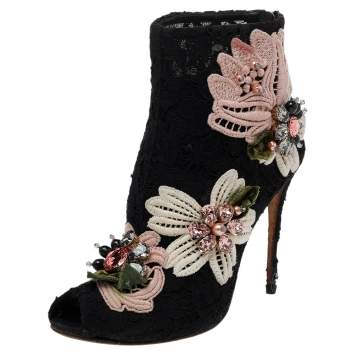 Pre Owned Dolce & Gabbana Black Lace Embellished Peep Toe Booties Size 37.5