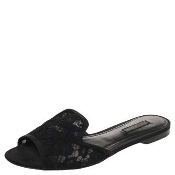 مملوكة مسبقًا Dolce & Gabbana Black Lace Flat Slide Sandals Size 36