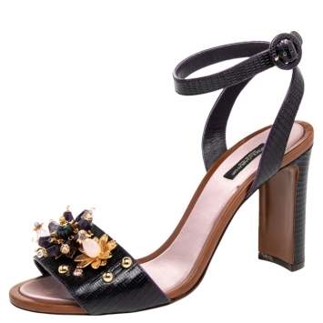 Pre Owned Dolce & Gabbana Lizard Embossed Leather Embellished Block Heel Ankle Strap Sandals Size 40