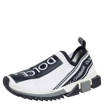 Pre Owned Dolce & Gabbana White/Black Knit Fabric Sorrento Sneakers Size 37