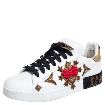 Pre Owned Dolce & Gabbana White Leather Portofino Heart Bellezza Low Top Sneakers Size 38