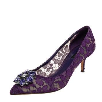 Pre Owned Dolce & Gabbana Purple Lace Bellucci Crystal Embellished Pointed Toe Pumps Size 39.5