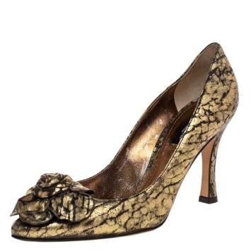 Pre Owned Dolce & Gabbana Gold Leather Floral Embellished Pumps Size 37