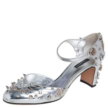 Pre Owned Dolce & Gabbana Silver Metallic Leather Floral Applique, Spike And Crystal Embellished Mary Jane Pumps Size 40