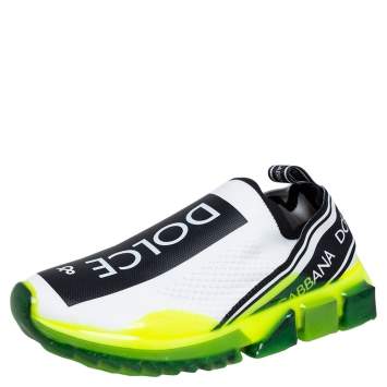 Pre Owned Dolce & Gabbana Neon Green/White Knit Fabric Sorrento Slip On Sneakers Size 40