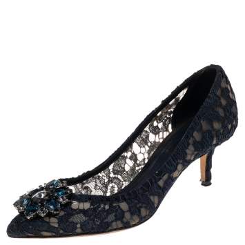 Pre Owned Dolce & Gabbana Navy Blue Lace Bellucci Pumps Size 37