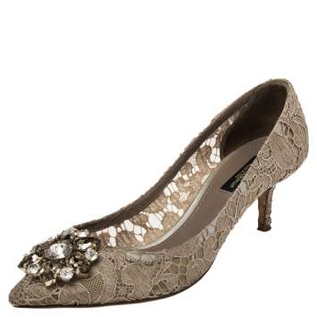 Pre Owned Dolce & Gabbana Beige Lace Bellucci Crystal Embellished Pumps Size 37