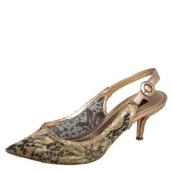Pre Owned Dolce & Gabbana Gold Chantilly Lace & Leather Bellucci Slingback Pointed Toe Pumps Size 38