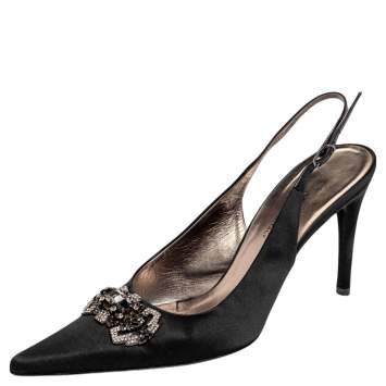 Pre Owned Dolce & Gabbana Black Satin Embellished Pointed Toe Slingback Sandals Size 38