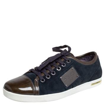 Pre Owned Dolce & Gabbana Navy Blue/Green Suede and Patent Leather Logo Plague Low Top Sneakers Size 40