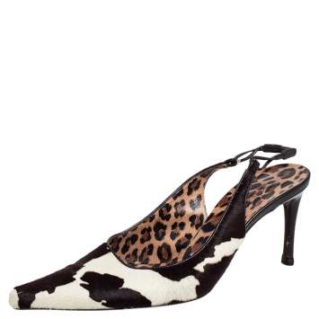 Pre Owned Dolce & Gabbana Black/Brown Leopard Print Pony Hair Slingback Sandals Size 38.5
