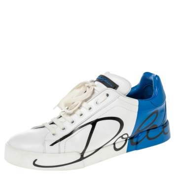 Pre Owned Dolce & Gabbana White/Blue Leather Portofino Sneakers Size 39