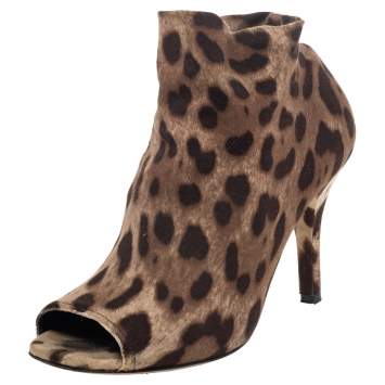 Pre Owned Dolce & Gabbana Brown Leopard Print Knit Fabric Peep Toe Booties Size 39