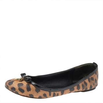 Pre Owned Dolce & Gabbana Brown Leopard Print Coated Canvas Bow Detail Ballet Flats Size 37