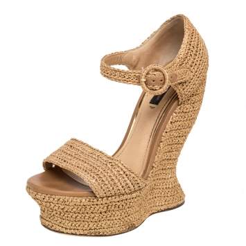 Pre Owned Dolce & Gabbana Tan Raffia  Platform Sandals Size 38