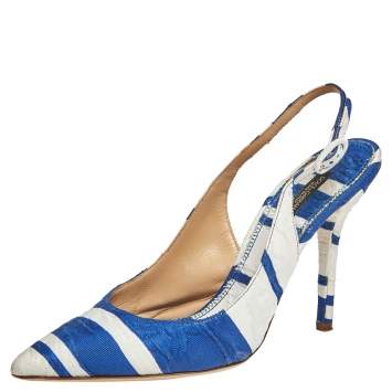 Pre Owned Dolce & Gabbana Blue/ White Stripe Brocade Fabric Pointed Toe Slingback Sandals Size 38.5