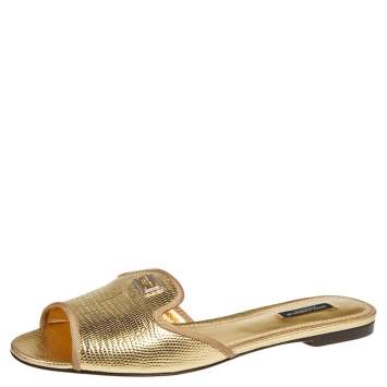 Pre Owned Dolce & Gabbana  Gold Lizard Embossed Leather  Sandals Size 40
