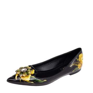 مملوكة مسبقًا Dolce & Gabbana Black Floral Printed Leather Crystal Embellished Pointed Toe Ballet Flat Size 37