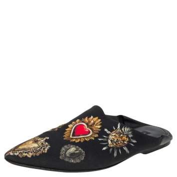 Pre Owned Dolce & Gabbana Black Heart Printed Canvas Flat Mules Size 38