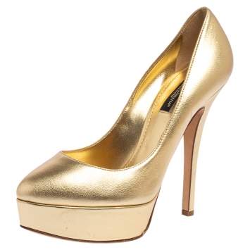 Pre Owned Dolce & Gabbana Gold Leather Platform Pumps Size 37.5