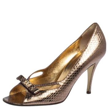 Pre Owned Dolce & Gabbana Gold Python Embossed Leather Peep Toe Bow Pumps Size 37.5