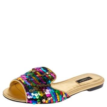 Pre Owned Dolce & Gabbana Multicolor Sequin Slide Flats Size 37