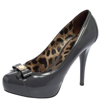 Pre Owned Dolce & Gabbana Grey Patent Leather Bow Platform  Pumps Size 39