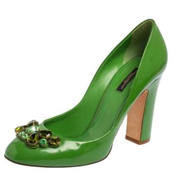 Pre Owned Dolce & Gabbana Green Patent Leather Crystal Embellished Pumps Size 39.5