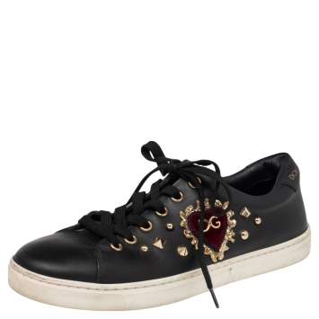 Pre Owned Dolce & Gabbana Black Leather Heart Embellished Portofino Low Top Sneakers Size 37