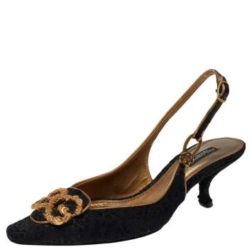 Pre Owned Dolce & Gabbana Tweed And Fabric Logo Embellished Slingback Sandals Size 36.5