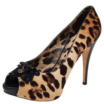 Pre Owned Dolce & Gabbana Beige Leopard Print Pony Hair Bow Peep Toe Pumps Size 38