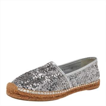 مملوكة مسبقًا Dolce & Gabbana Grey Sequin Leather Espadrille Flats Size 38