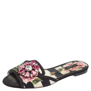 Pre Owned Dolce & Gabbana Black/Pink Floral Print Fabric Sofia Crystal Embellished Flat Slide Sandals Size 37.5
