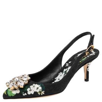 Pre Owned Dolce & Gabbana Black Floral Print Brocade Crystals Exclusive Slingback Sandals Size 35