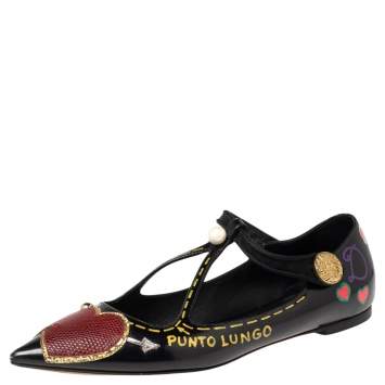 مملوكة مسبقًا Dolce & Gabbana Black Leather Bellucci Appliqué Pointed Toe Ballet Flats Size 38.5
