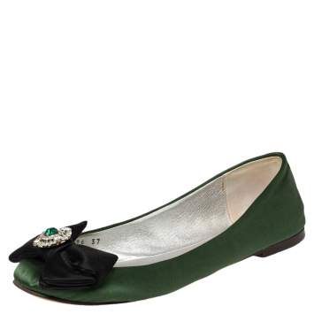 مملوكة مسبقًا Dolce & Gabbana Green/Black Satin Bow Crystals Ballet Flats Size 37
