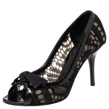 Pre Owned Dolce & Gabbana Black Embroidered Fabric And Mesh Peep Toe Bow Pumps Size 36