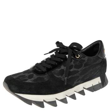 Pre Owned Dolce & Gabbana Black Leopard Print Fabric and Suede Sawtooth Sneakers Size 41