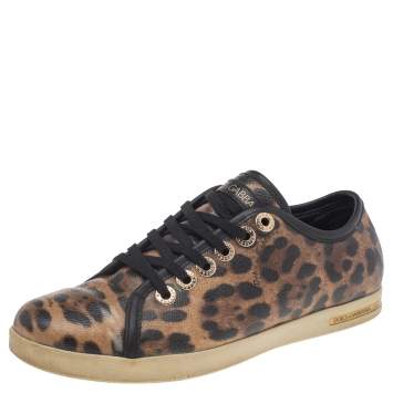 Pre Owned Dolce & Gabbana Brown Leopard Print Coated Canvas Low Top Sneakers Size 36.5