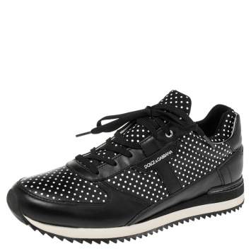 Pre Owned Dolce & Gabbana Black/White Leather Polka Dot Lace Up Sneakers Size 40