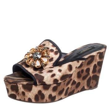 Pre Owned Dolce & Gabbana Brown/Beige Leopard Print Fabric Crystal Embellished Wedge Platform Slide Sandals Size 39