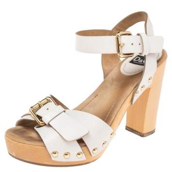 Pre Owned Dolce & Gabbana White Leather Buckle Detail Ankle Strap Wooden Platform Sandals Size 37