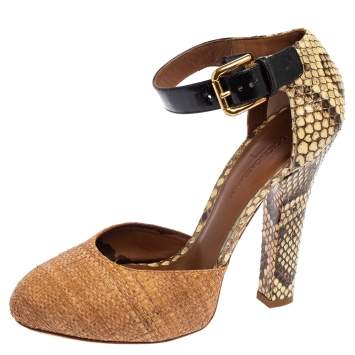 Pre Owned Dolce & Gabbana Brown/Beige Raffia and Python Ankle Strap Sandals Size 39