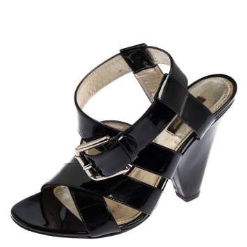 Pre Owned Dolce & Gabbana Black Patent Leather Criss Cross Ankle Strap Sandals Size 38
